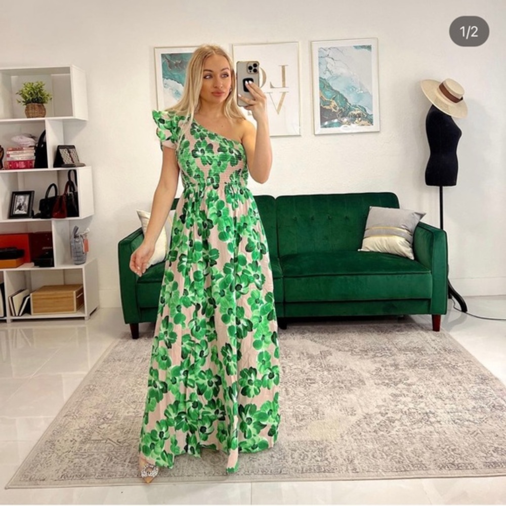 Kaylee Floral One Shoulder Green Maxi